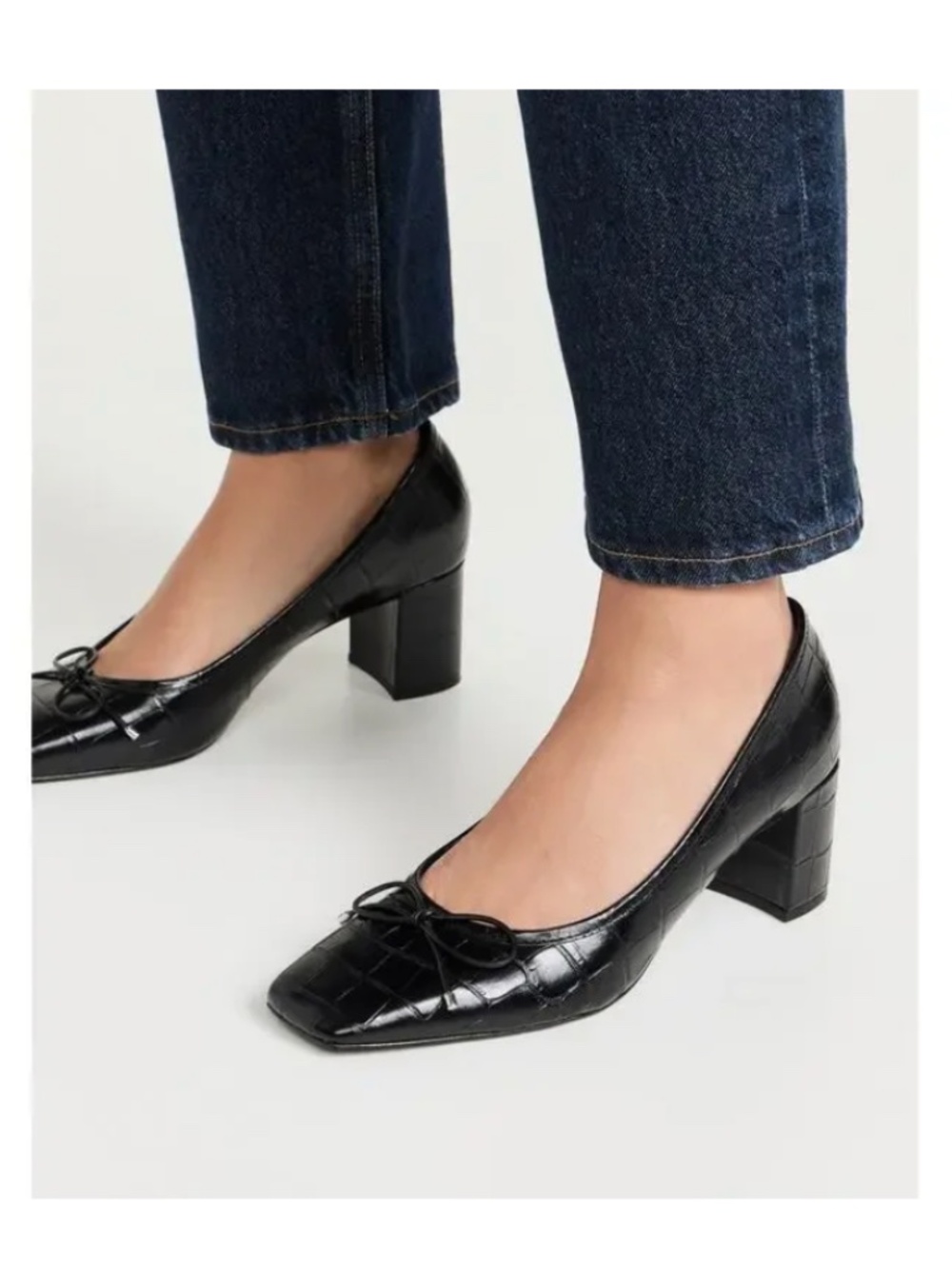 NWOB SCHUTZ Arissa Black Croc Embossed Ballet Pump Heels Square Toe  7.5
